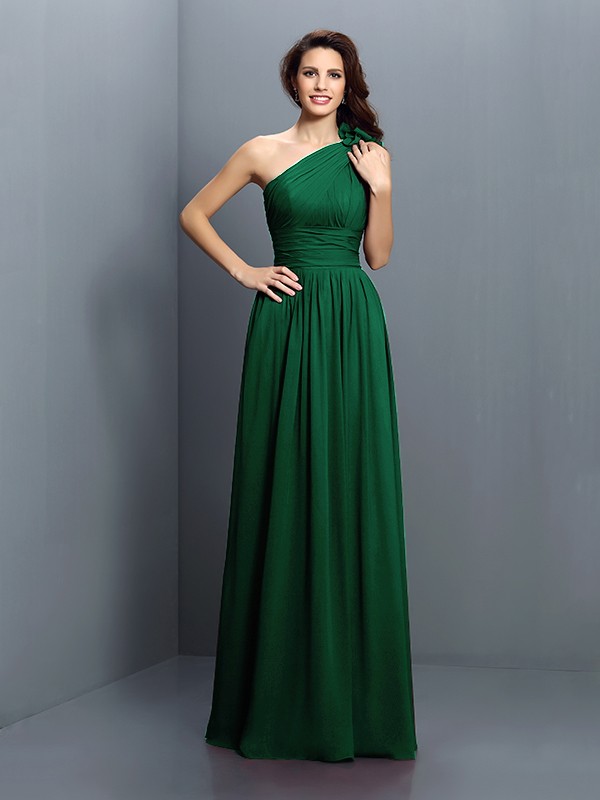 A-Line/Princess One-Shoulder Pleats Sleeveless Long Chiffon Bridesmaid Dresses 2376