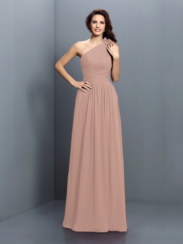 A-Line/Princess One-Shoulder Pleats Sleeveless Long Chiffon Bridesmaid Dresses 2376