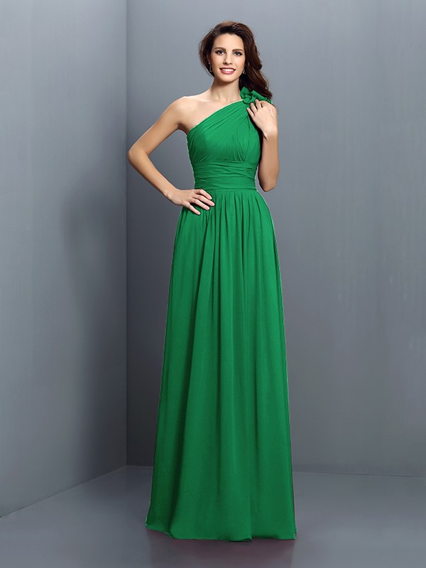 A-Line/Princess One-Shoulder Pleats Sleeveless Long Chiffon Bridesmaid Dresses 2376