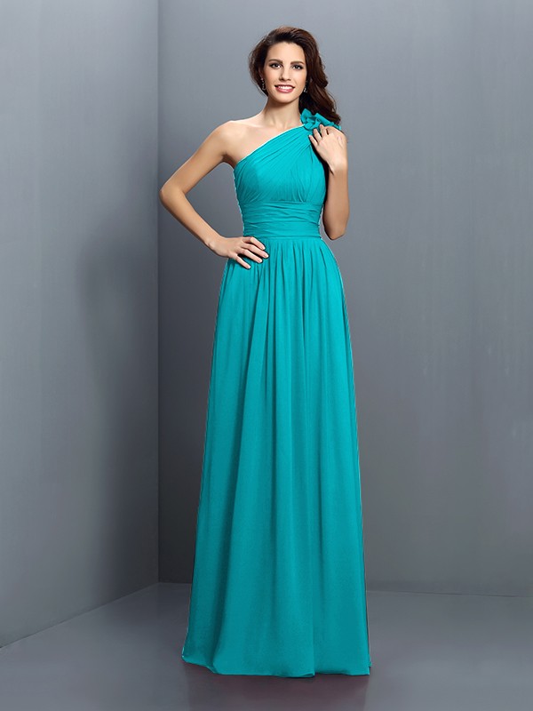 A-Line/Princess One-Shoulder Pleats Sleeveless Long Chiffon Bridesmaid Dresses 2376