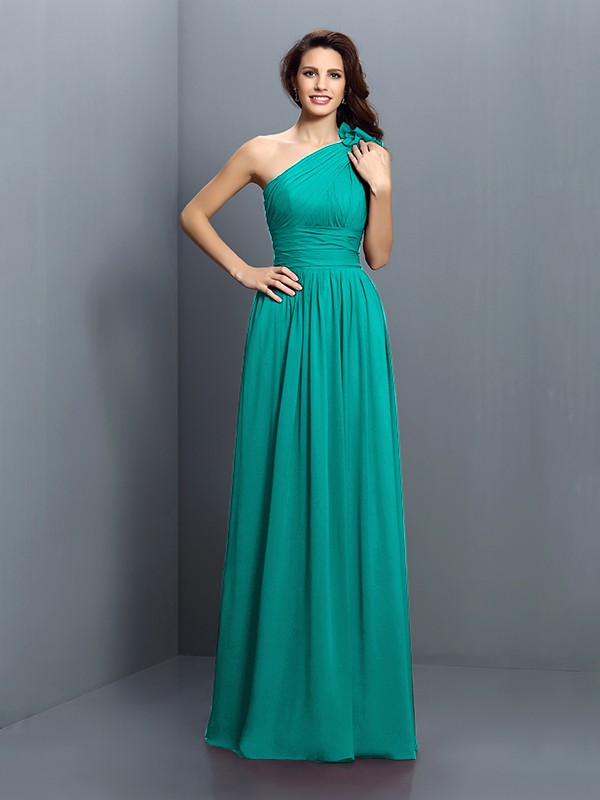 A-Line/Princess One-Shoulder Pleats Sleeveless Long Chiffon Bridesmaid Dresses 2376