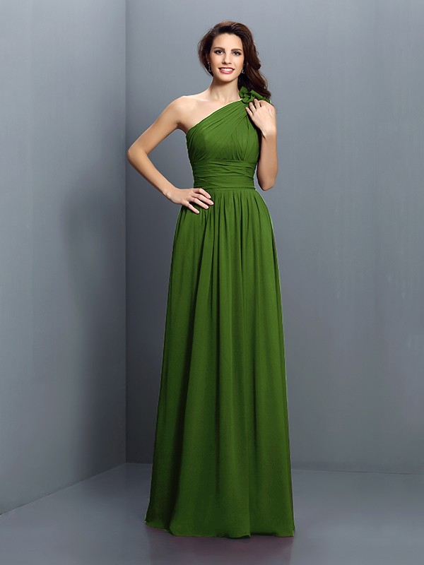 A-Line/Princess One-Shoulder Pleats Sleeveless Long Chiffon Bridesmaid Dresses 2376