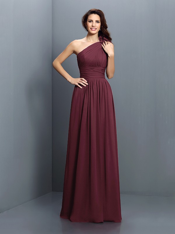 A-Line/Princess One-Shoulder Pleats Sleeveless Long Chiffon Bridesmaid Dresses 2376