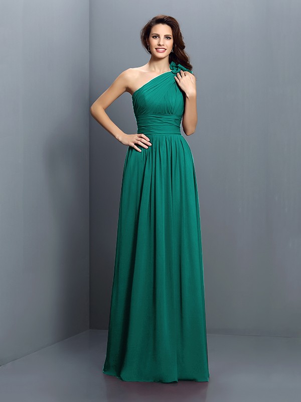 A-Line/Princess One-Shoulder Pleats Sleeveless Long Chiffon Bridesmaid Dresses 2376