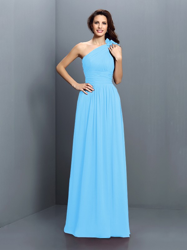 A-Line/Princess One-Shoulder Pleats Sleeveless Long Chiffon Bridesmaid Dresses 2376