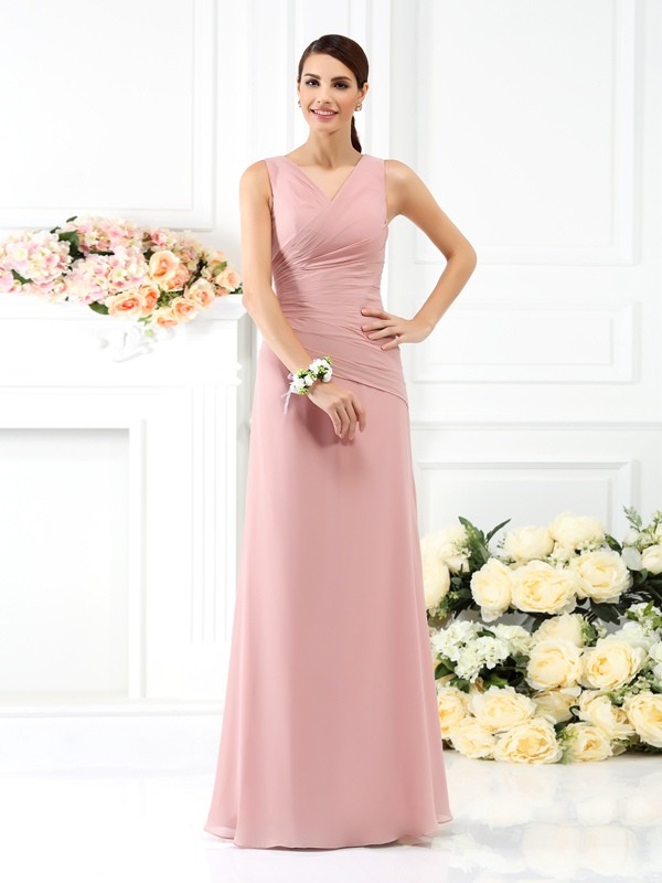 Sheath/Column V-neck Pleats Sleeveless Long Chiffon Bridesmaid Dresses 3228