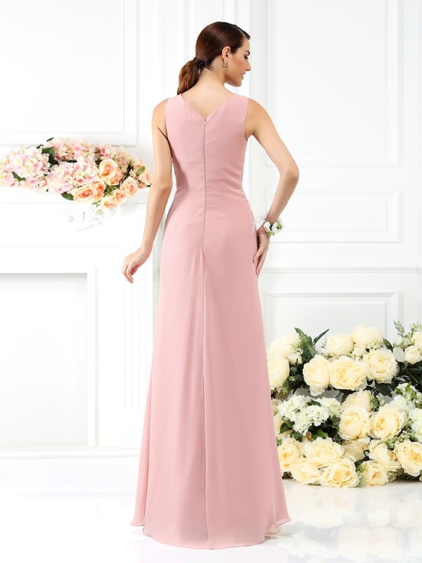 Sheath/Column V-neck Pleats Sleeveless Long Chiffon Bridesmaid Dresses 3228