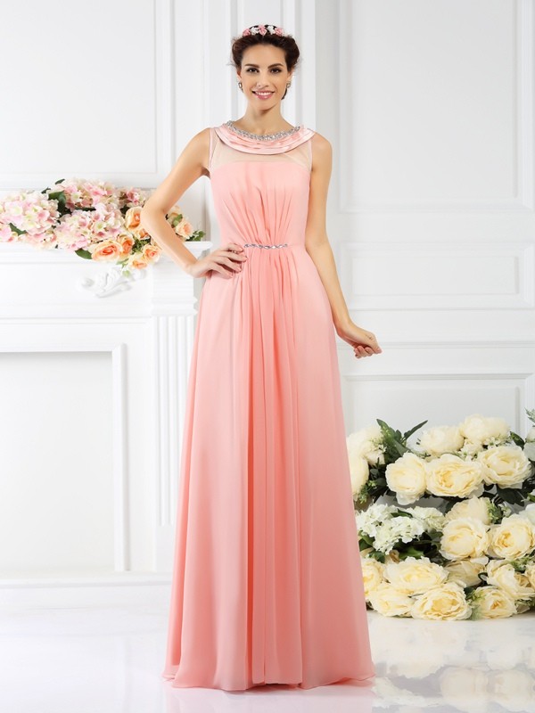 A-Line/Princess Bateau Beading Sleeveless Long Chiffon Bridesmaid Dresses 2097