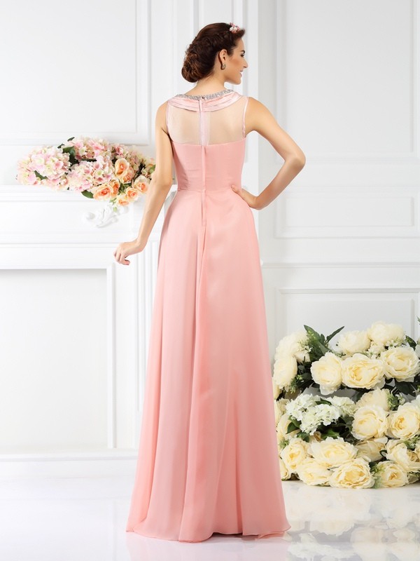 A-Line/Princess Bateau Beading Sleeveless Long Chiffon Bridesmaid Dresses 2097