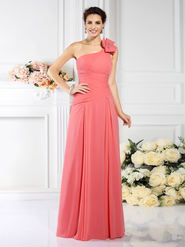 A-Line/Princess One-Shoulder Pleats Sleeveless Long Chiffon Bridesmaid Dresses 2377