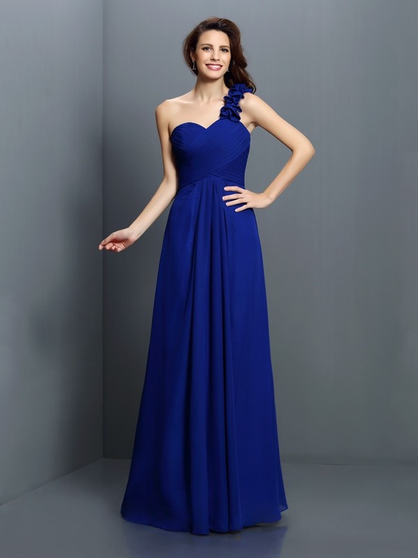 A-Line/Princess One-Shoulder Hand-Made Flower Sleeveless Long Chiffon Bridesmaid Dresses 2366