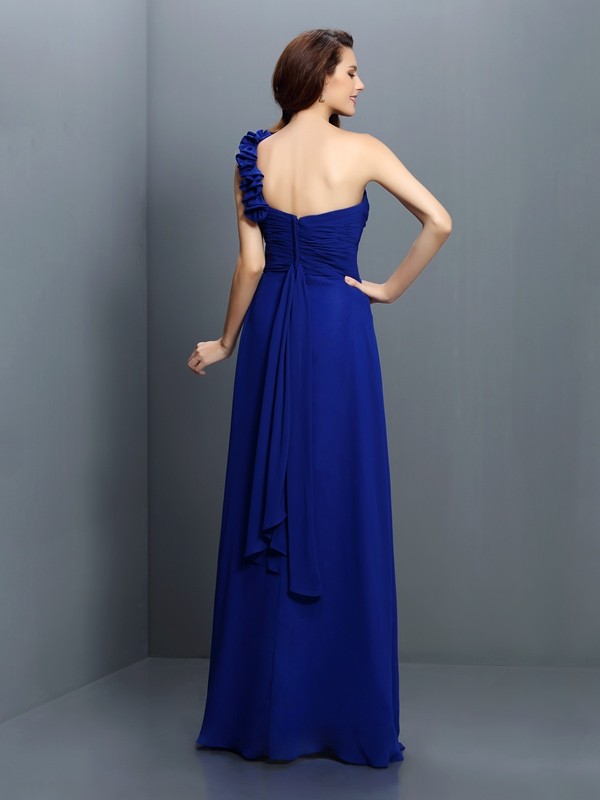 A-Line/Princess One-Shoulder Hand-Made Flower Sleeveless Long Chiffon Bridesmaid Dresses 2366