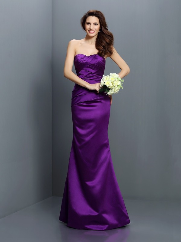 Trumpet/Mermaid Strapless Pleats Sleeveless Long Satin Bridesmaid Dresses 3279