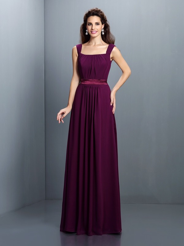 A-Line/Princess Square Pleats Sleeveless Long Chiffon Bridesmaid Dresses 2556