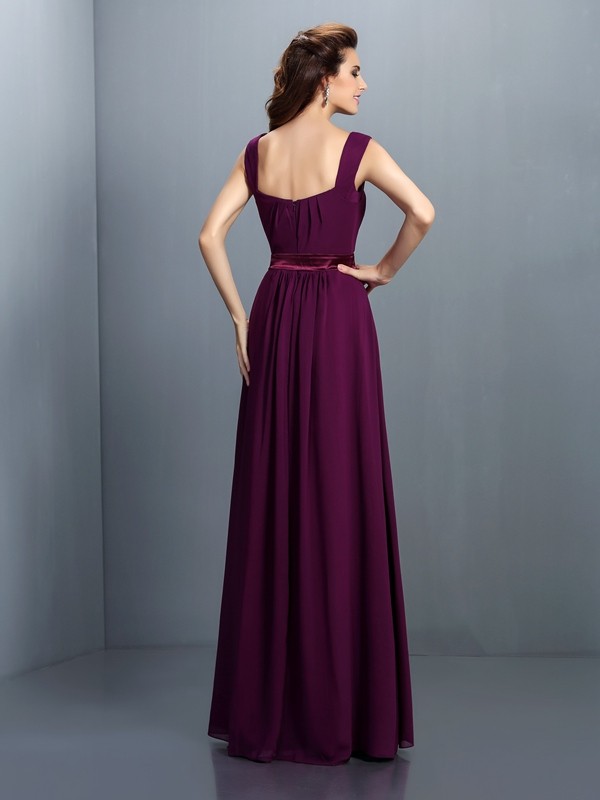 A-Line/Princess Square Pleats Sleeveless Long Chiffon Bridesmaid Dresses 2556