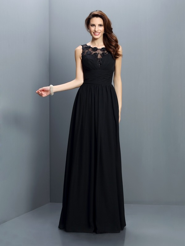 A-Line/Princess Bateau Pleats Sleeveless Long Chiffon Bridesmaid Dresses 2101