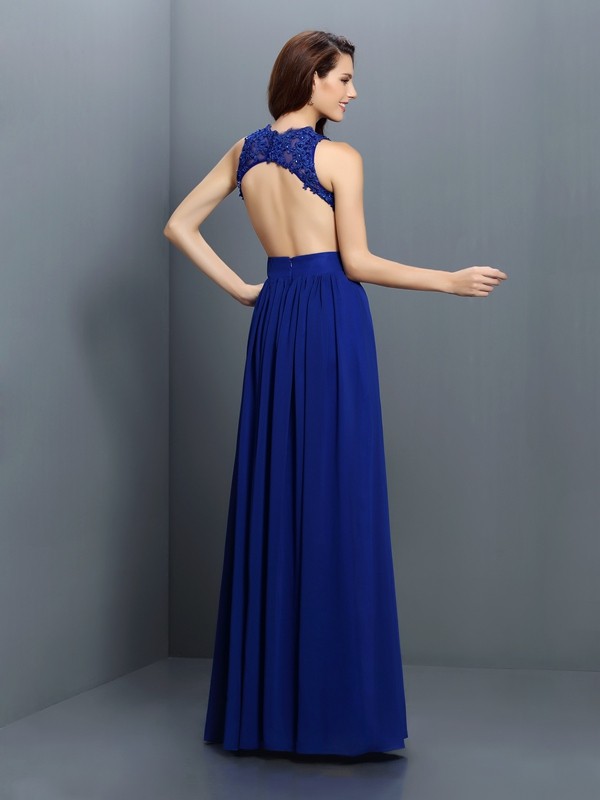 A-Line/Princess V-neck Applique Sleeveless Long Chiffon Bridesmaid Dresses 2780