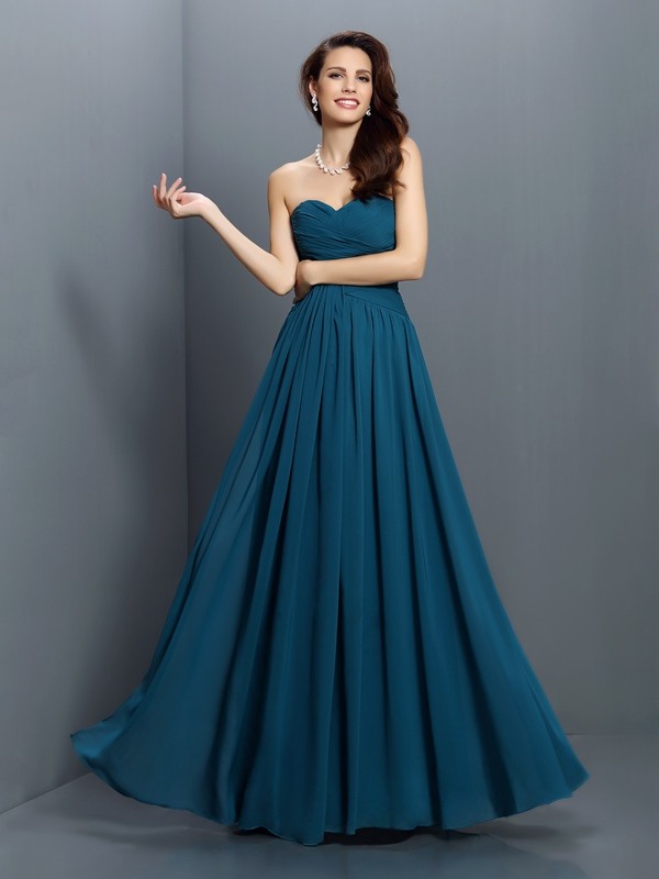 A-Line/Princess Sweetheart Pleats Sleeveless Long Satin Bridesmaid Dresses 2698