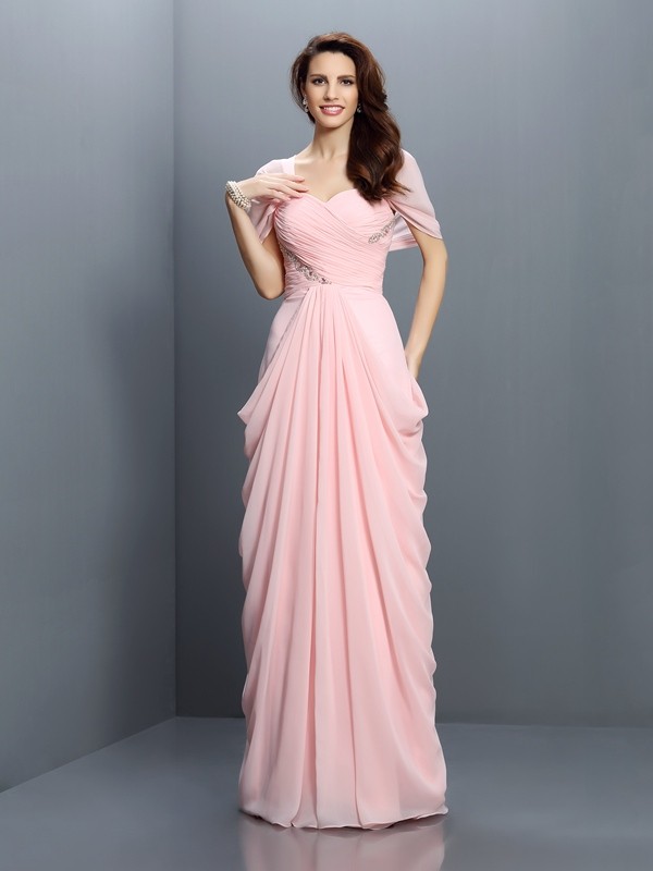 A-Line/Princess Sweetheart Pleats Short Sleeves Long Chiffon Bridesmaid Dresses 2691