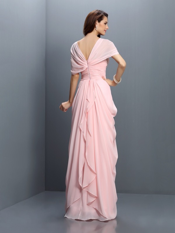 A-Line/Princess Sweetheart Pleats Short Sleeves Long Chiffon Bridesmaid Dresses 2691