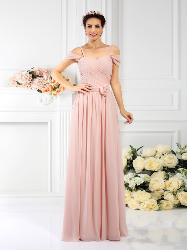 A-Line/Princess Spaghetti Straps Pleats Sleeveless Long Chiffon Bridesmaid Dresses 2536