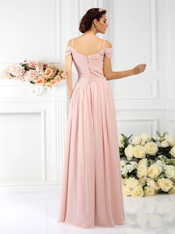 A-Line/Princess Spaghetti Straps Pleats Sleeveless Long Chiffon Bridesmaid Dresses 2536