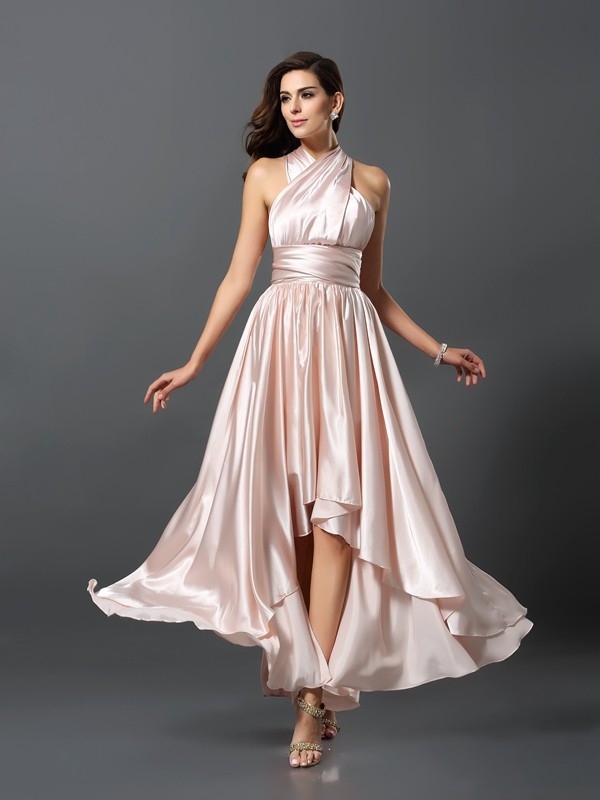 Sheath/Column Sleeveless High Low Silk like Satin Convertible Bridesmaid Dresses 3098