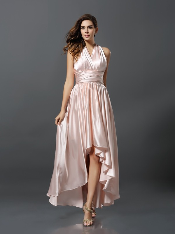 Sheath/Column Sleeveless High Low Silk like Satin Convertible Bridesmaid Dresses 3098