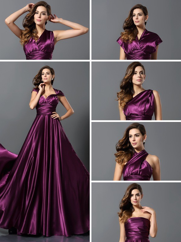 A-Line/Princess Pleats Sleeveless Long Silk like Satin Convertible Bridesmaid Dresses 2426