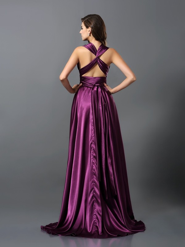 A-Line/Princess Pleats Sleeveless Long Silk like Satin Convertible Bridesmaid Dresses 2426