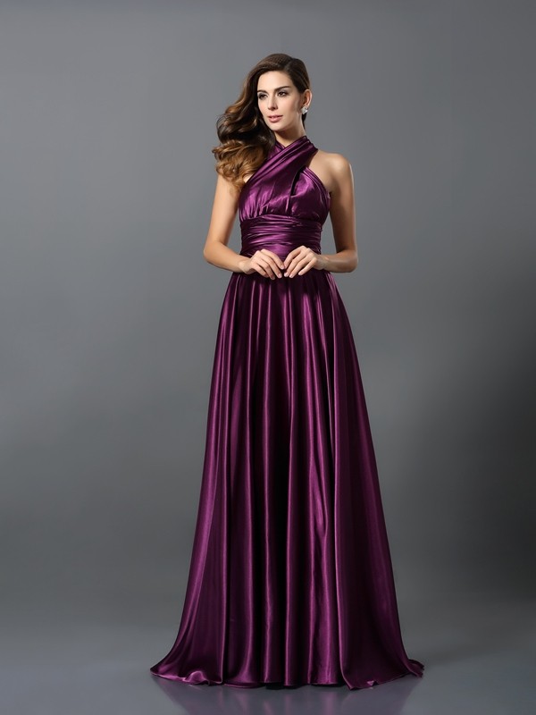 A-Line/Princess Pleats Sleeveless Long Silk like Satin Convertible Bridesmaid Dresses 2426