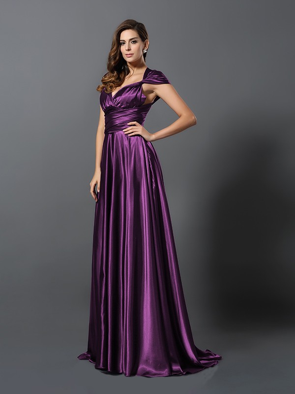 A-Line/Princess Pleats Sleeveless Long Silk like Satin Convertible Bridesmaid Dresses 2426