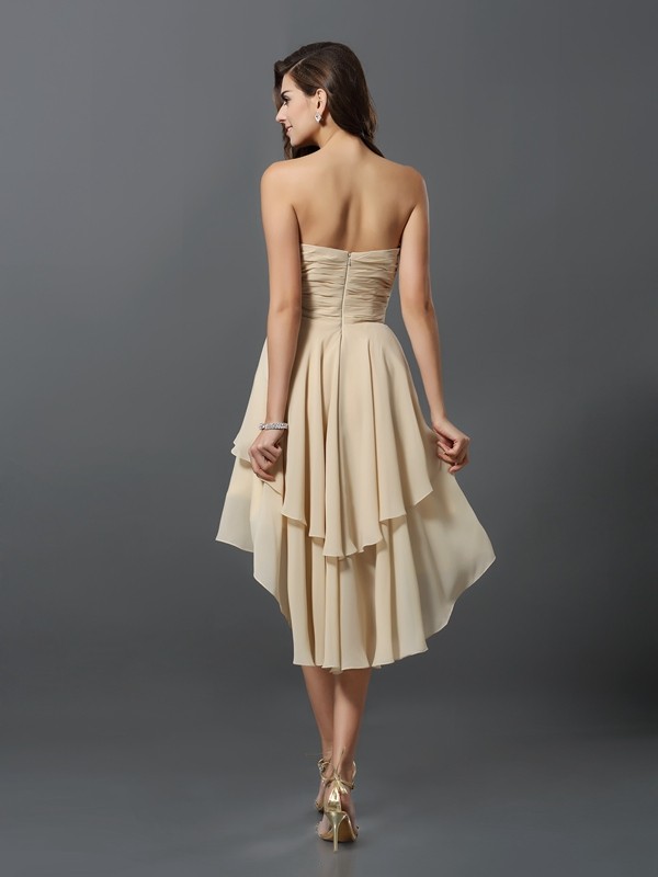 A-Line/Princess Sweetheart Hand-Made Flower Sleeveless High Low Chiffon Bridesmaid Dresses 2675