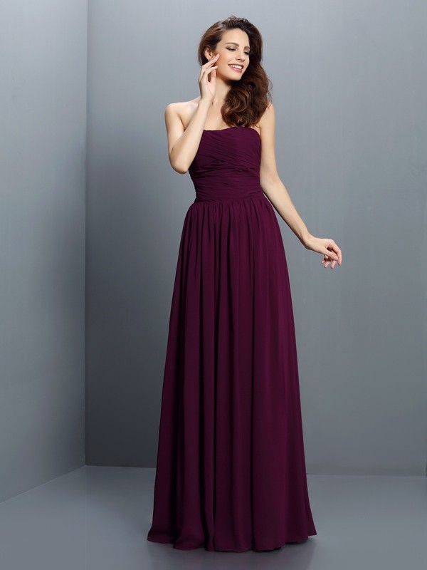 A-Line/Princess Strapless Pleats Sleeveless Long Chiffon Bridesmaid Dresses 2570