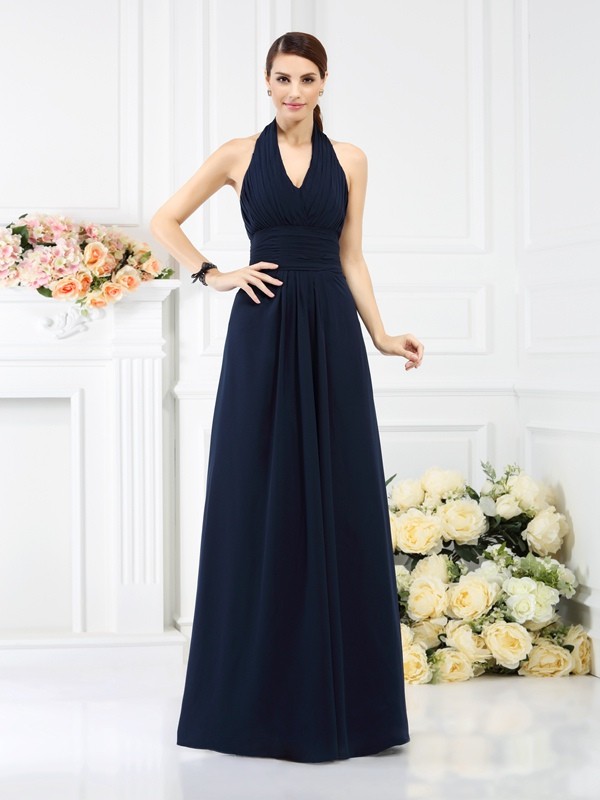 A-Line/Princess Halter Pleats Sleeveless Long Chiffon Bridesmaid Dresses 2270