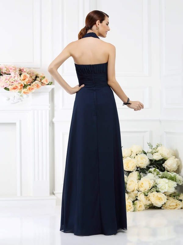 A-Line/Princess Halter Pleats Sleeveless Long Chiffon Bridesmaid Dresses 2270