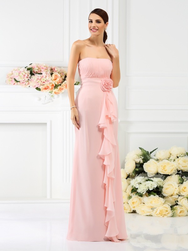 Sheath/Column Strapless Hand-Made Flower Sleeveless Long Chiffon Bridesmaid Dresses 3116