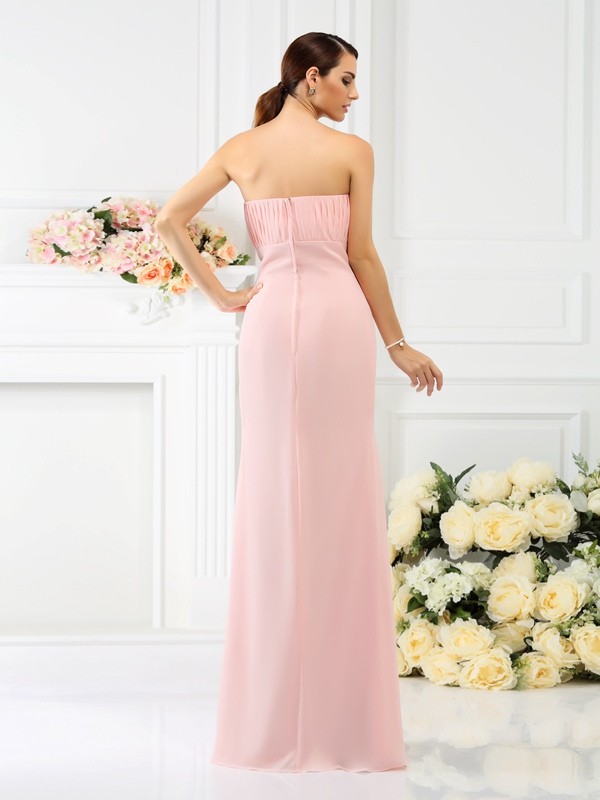 Sheath/Column Strapless Hand-Made Flower Sleeveless Long Chiffon Bridesmaid Dresses 3116