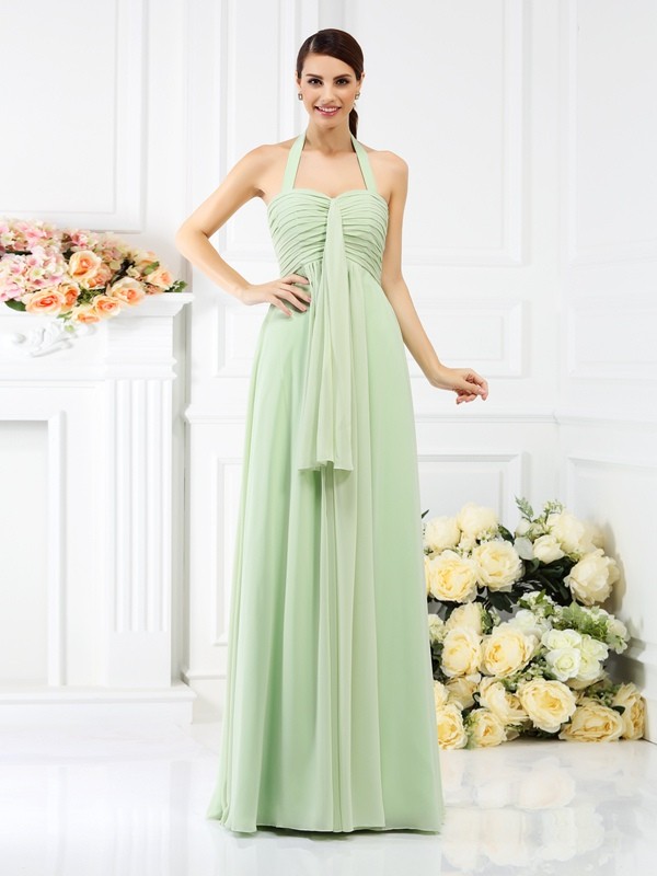 A-Line/Princess Halter Pleats Sleeveless Long Chiffon Bridesmaid Dresses 2271