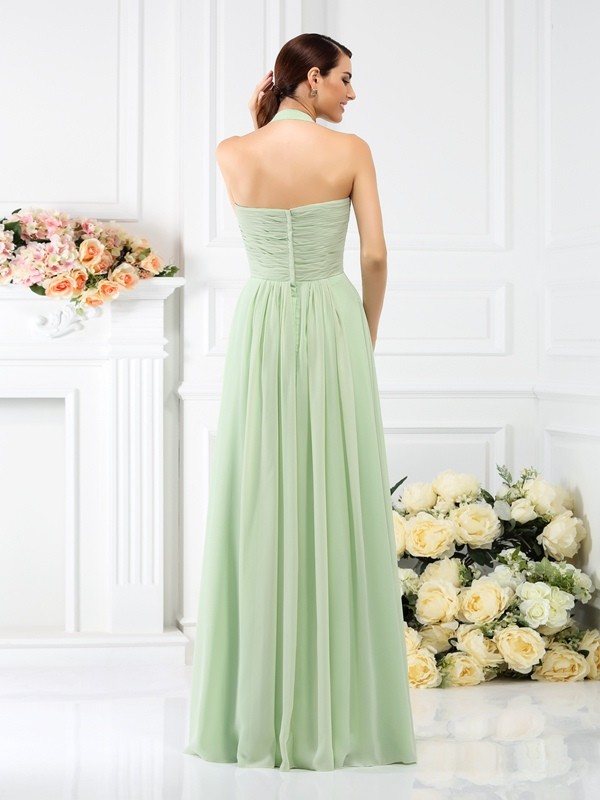 A-Line/Princess Halter Pleats Sleeveless Long Chiffon Bridesmaid Dresses 2271