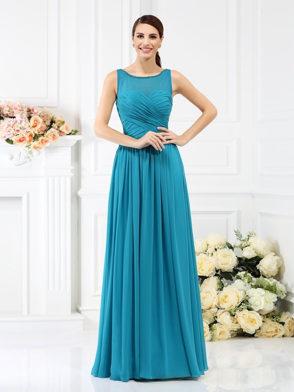 A-Line/Princess Bateau Pleats Sleeveless Long Chiffon Bridesmaid Dresses 2102