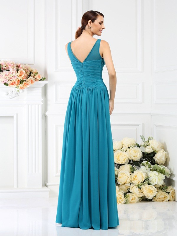 A-Line/Princess Bateau Pleats Sleeveless Long Chiffon Bridesmaid Dresses 2102