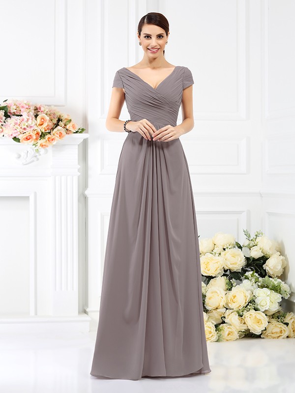 A-Line/Princess V-neck Pleats Short Sleeves Long Chiffon Bridesmaid Dresses 2799