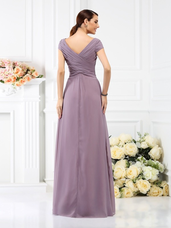 A-Line/Princess V-neck Pleats Short Sleeves Long Chiffon Bridesmaid Dresses 2799