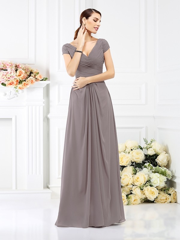 A-Line/Princess V-neck Pleats Short Sleeves Long Chiffon Bridesmaid Dresses 2799