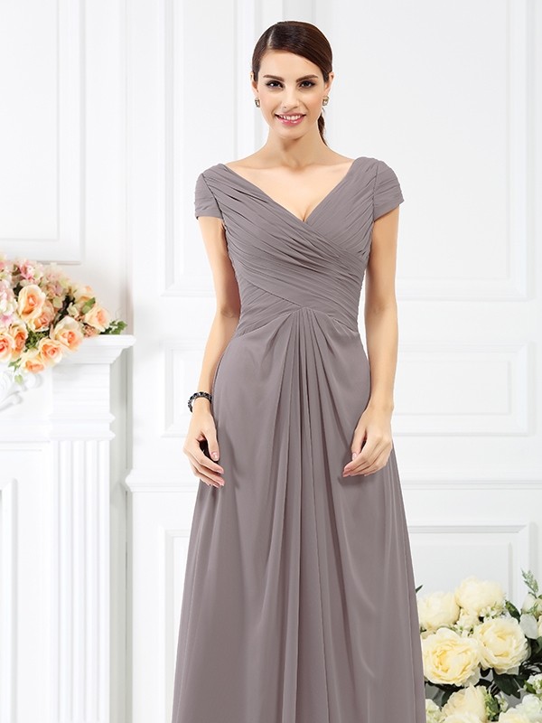 A-Line/Princess V-neck Pleats Short Sleeves Long Chiffon Bridesmaid Dresses 2799