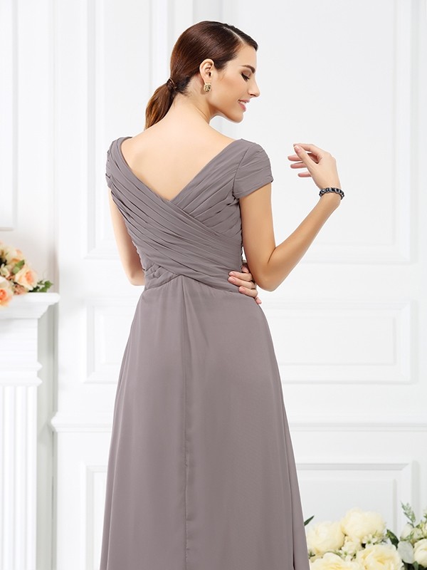 A-Line/Princess V-neck Pleats Short Sleeves Long Chiffon Bridesmaid Dresses 2799