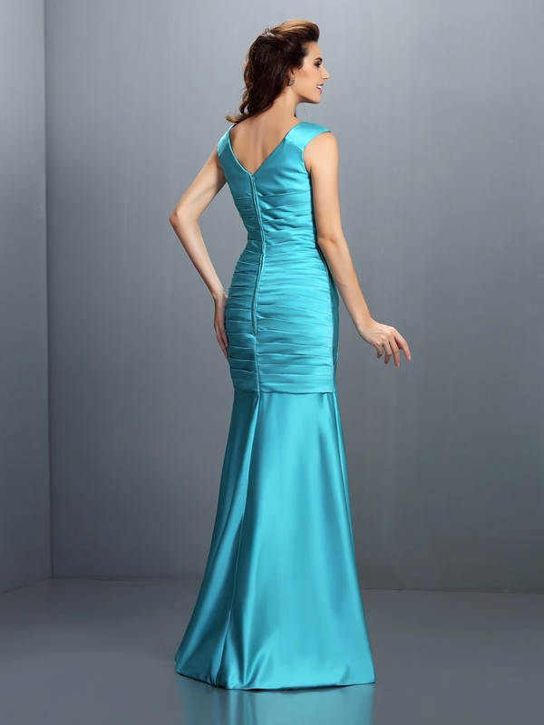 A-Line/Princess V-neck Pleats Sleeveless Long Satin Bridesmaid Dresses 2805