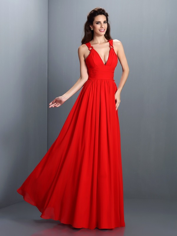 A-Line/Princess V-neck Pleats Sleeveless Long Chiffon Bridesmaid Dresses 2801