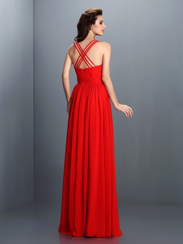 A-Line/Princess V-neck Pleats Sleeveless Long Chiffon Bridesmaid Dresses 2801